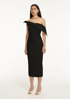 Ready To Wear|Ready To Wear Roland Mouret Asymmetric Drape Wool Silk Midi Dress Black