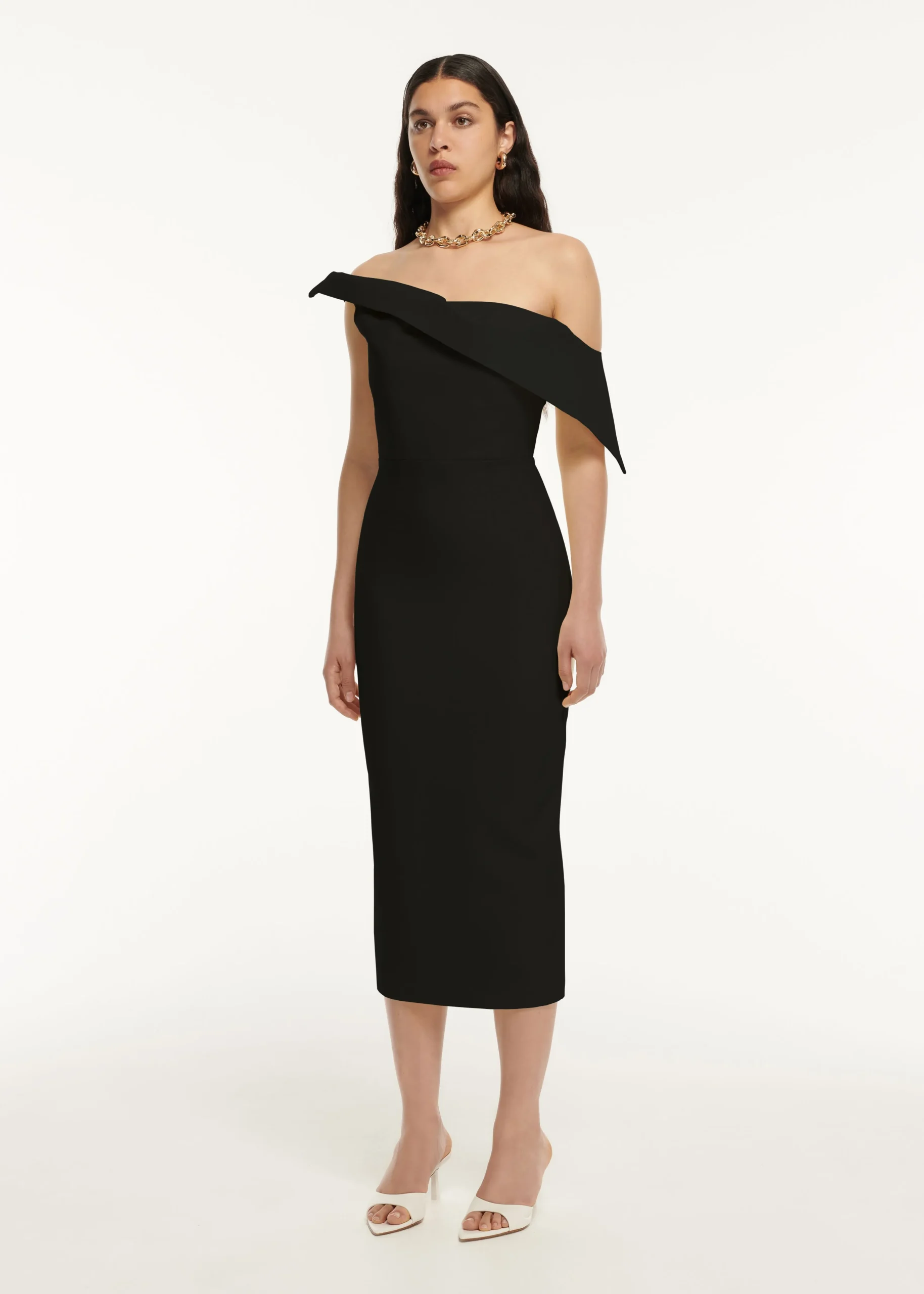 Ready To Wear|Ready To Wear Roland Mouret Asymmetric Drape Wool Silk Midi Dress Black
