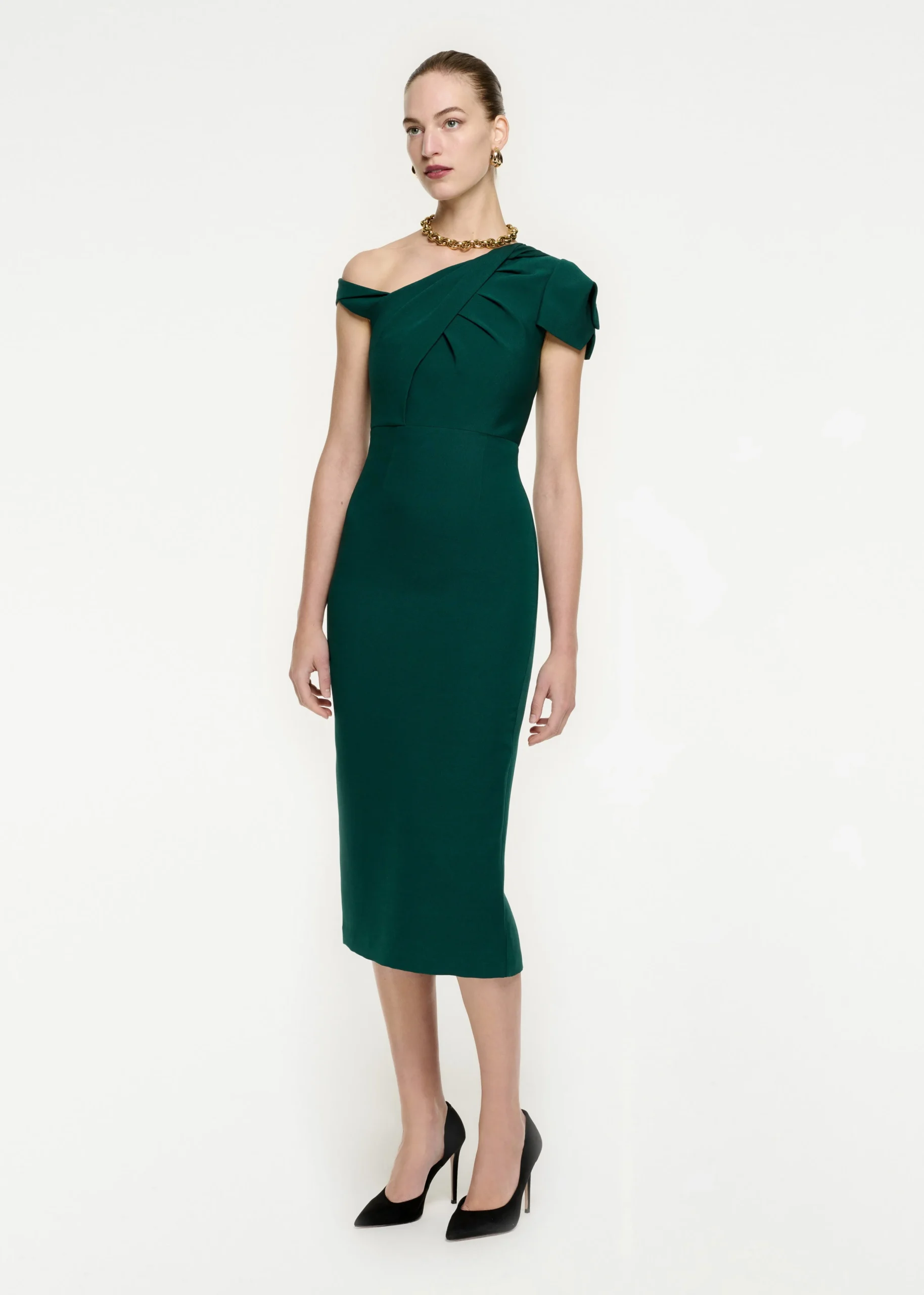 Ready To Wear|Ready To Wear Roland Mouret Asymmetric Wool Silk Midi Dress Green