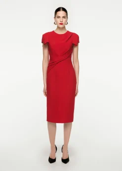 Ready To Wear|Ready To Wear Roland Mouret Cap Sleeve Silk Wool Midi Dress Red
