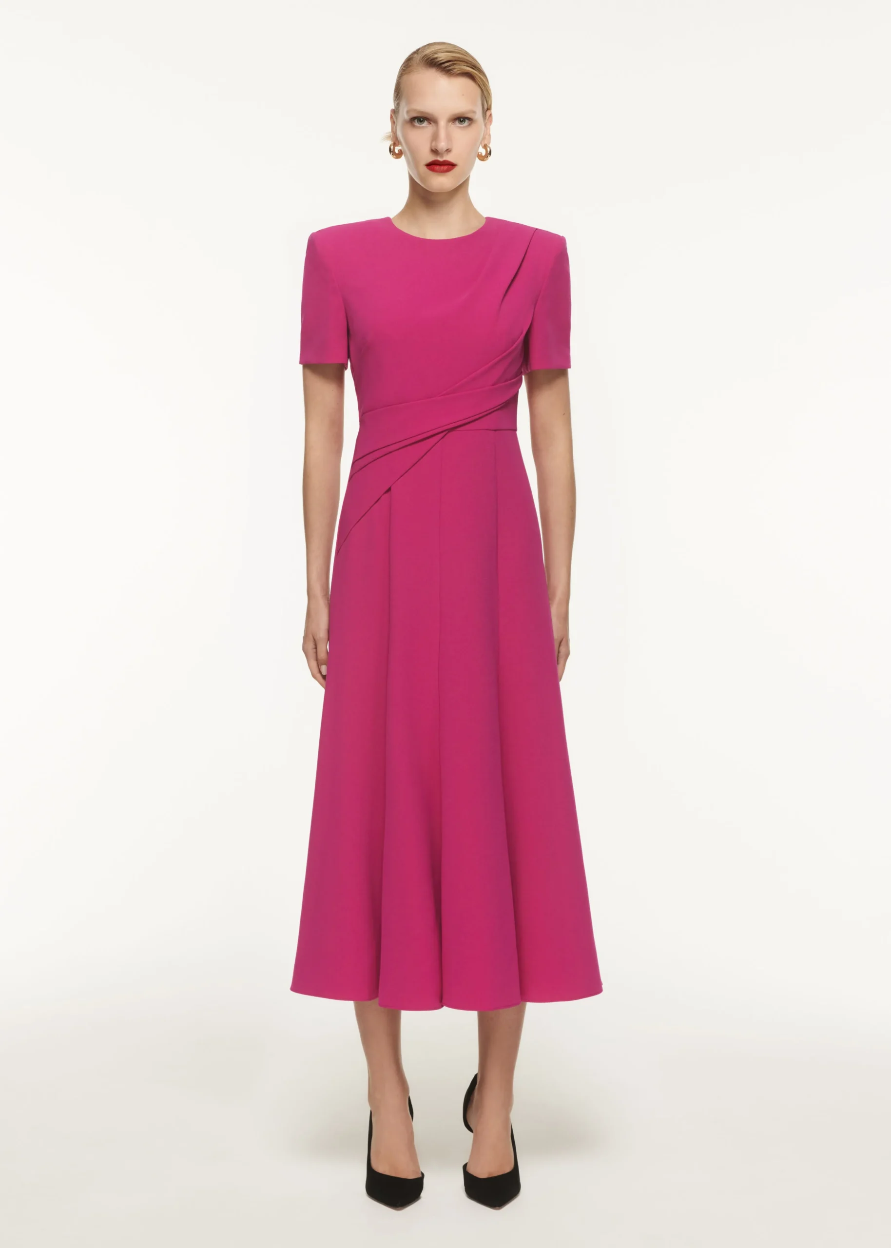 Ready To Wear|Ready To Wear Roland Mouret Front Drape Short Sleeve Cady Midi Dress