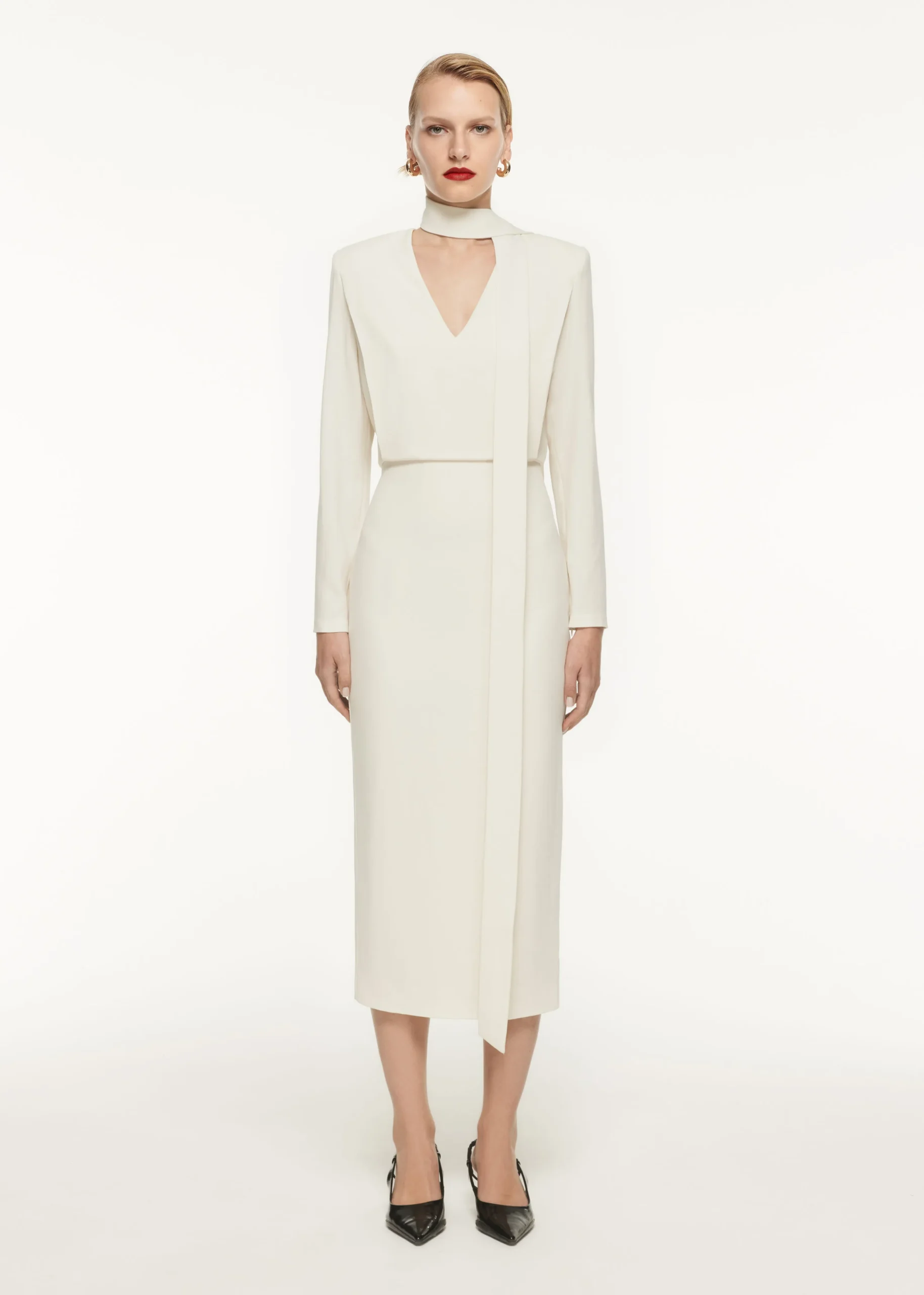 Ready To Wear|Ready To Wear Roland Mouret Long Sleeve Blouson Detail Midi Dress Cream