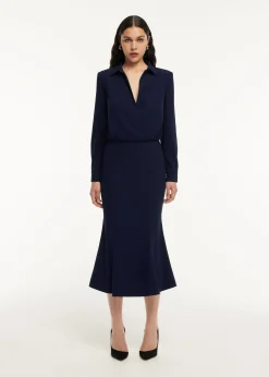 Ready To Wear|Ready To Wear Roland Mouret Long Sleeve Collar Satin Crepe Midi Dress Navy