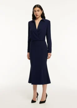 Ready To Wear|Ready To Wear Roland Mouret Long Sleeve Collar Satin Crepe Midi Dress Navy