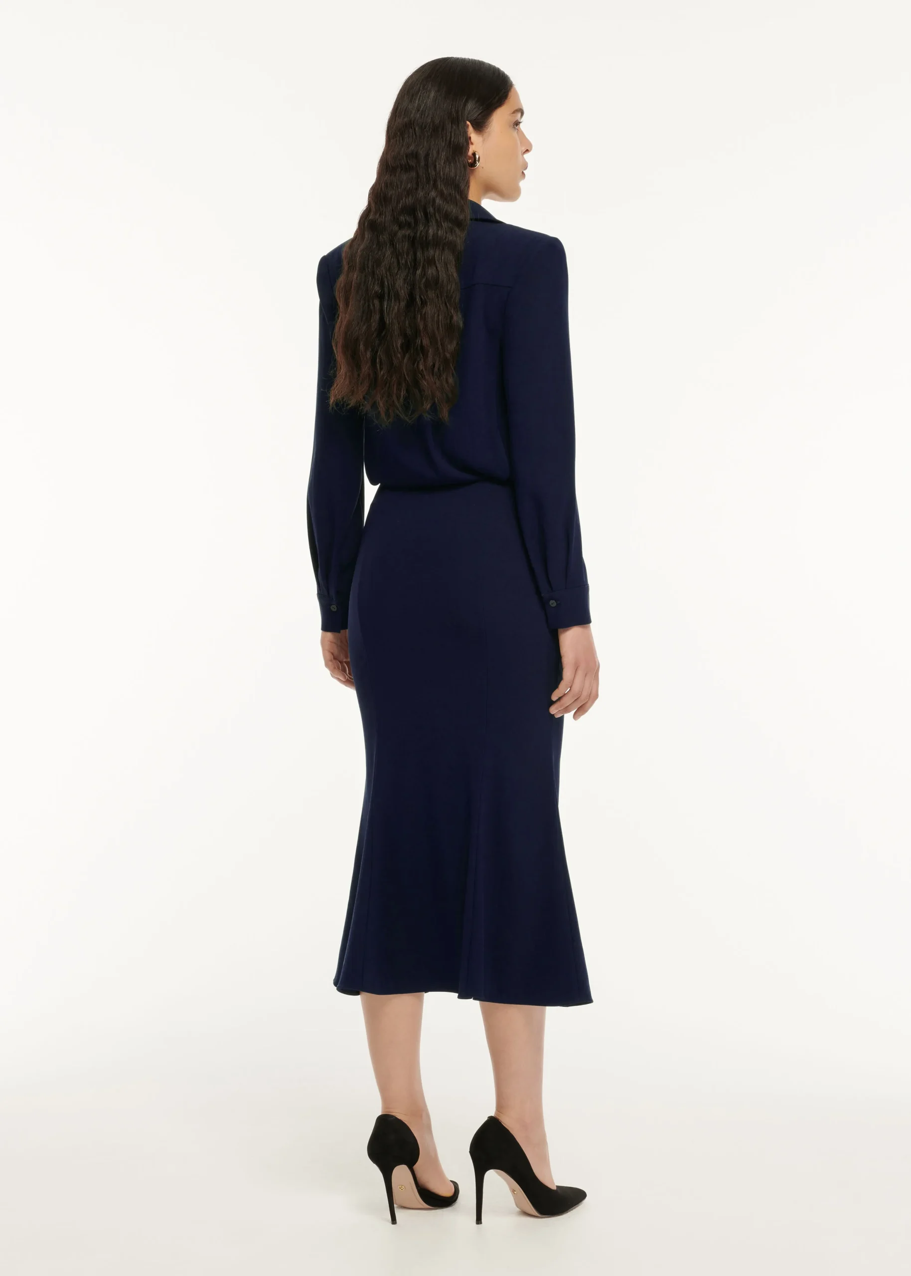 Ready To Wear|Ready To Wear Roland Mouret Long Sleeve Collar Satin Crepe Midi Dress Navy