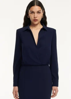 Ready To Wear|Ready To Wear Roland Mouret Long Sleeve Collar Satin Crepe Midi Dress Navy