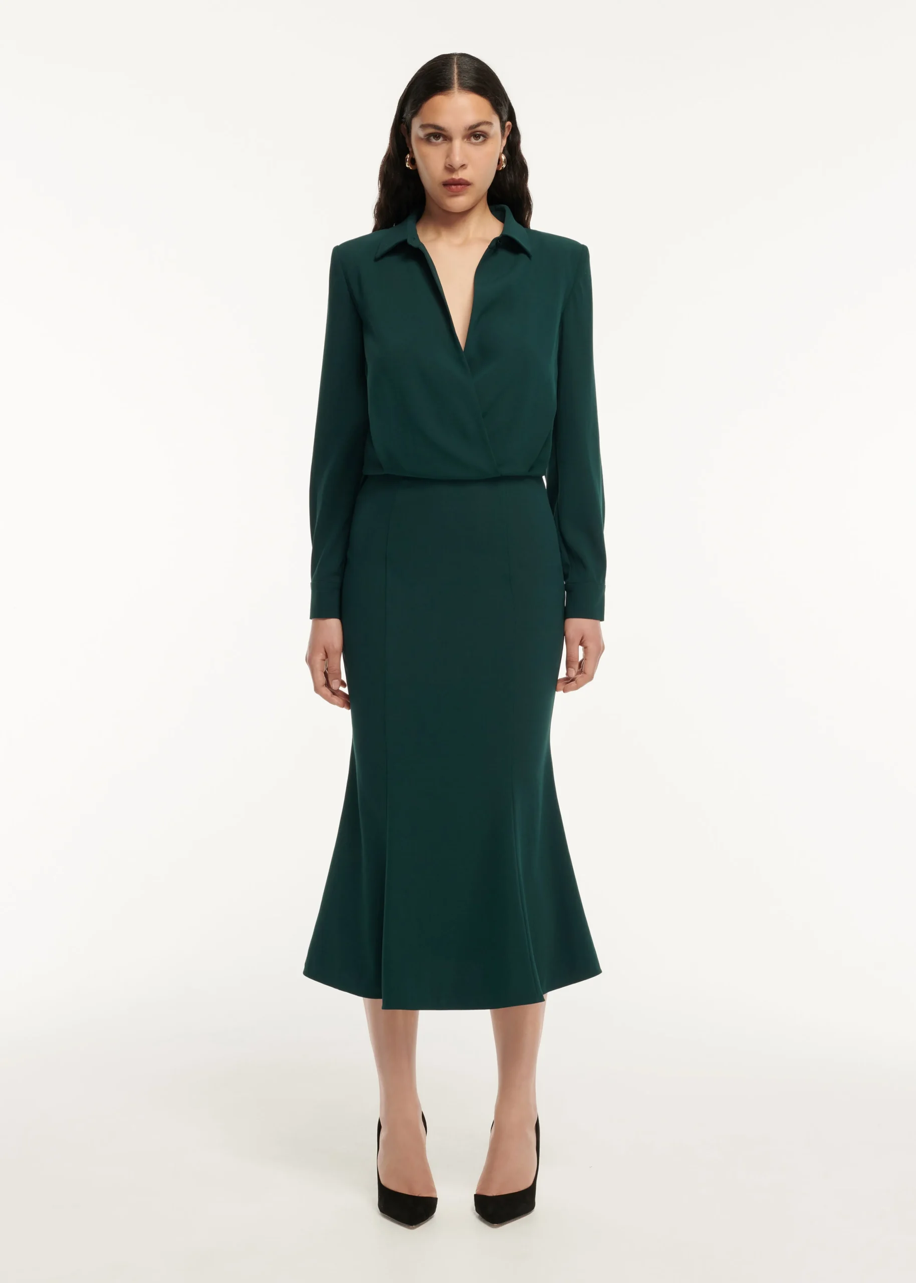 Ready To Wear|Ready To Wear Roland Mouret Long Sleeve Collar Satin Crepe Midi Dress Green