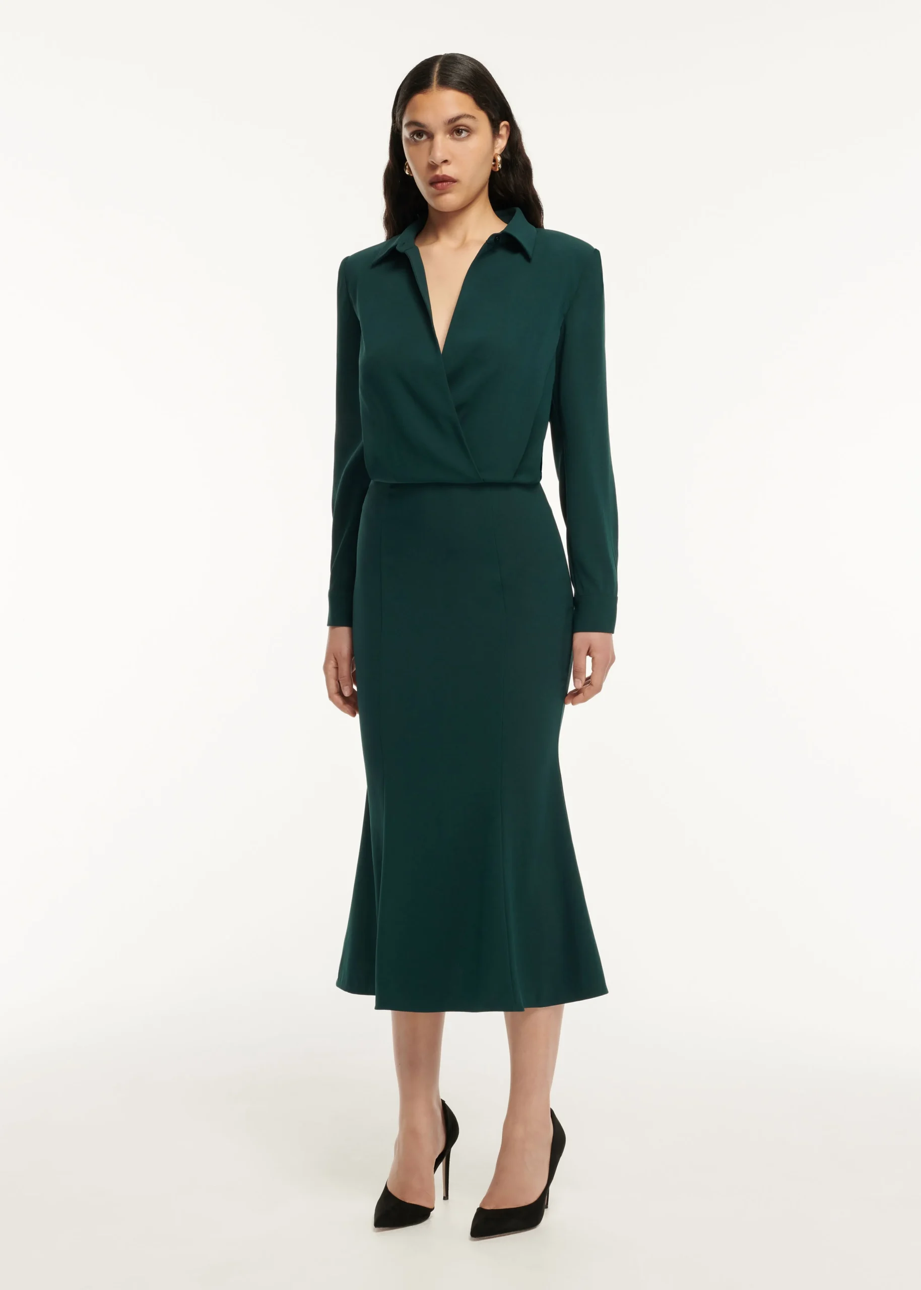 Ready To Wear|Ready To Wear Roland Mouret Long Sleeve Collar Satin Crepe Midi Dress Green