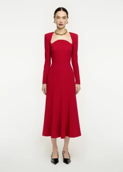 Ready To Wear|Ready To Wear Roland Mouret Long Sleeve Moon Fluted Midi Dress Red