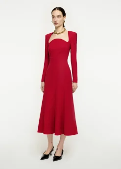 Ready To Wear|Ready To Wear Roland Mouret Long Sleeve Moon Fluted Midi Dress Red