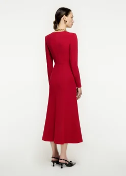 Ready To Wear|Ready To Wear Roland Mouret Long Sleeve Moon Fluted Midi Dress Red