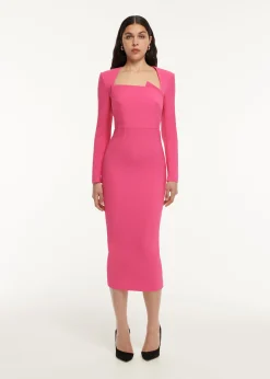 Ready To Wear|Ready To Wear Roland Mouret Long Sleeve Pleat Detail Crepe Midi Dress Pink
