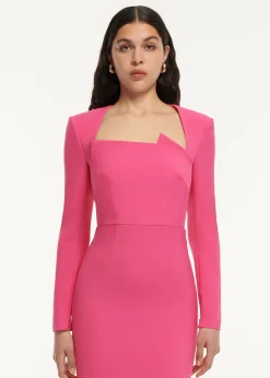 Ready To Wear|Ready To Wear Roland Mouret Long Sleeve Pleat Detail Crepe Midi Dress Pink
