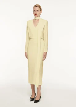 Ready To Wear|Ready To Wear Roland Mouret Long Sleeve Satin Crepe Midi Dress Yellow