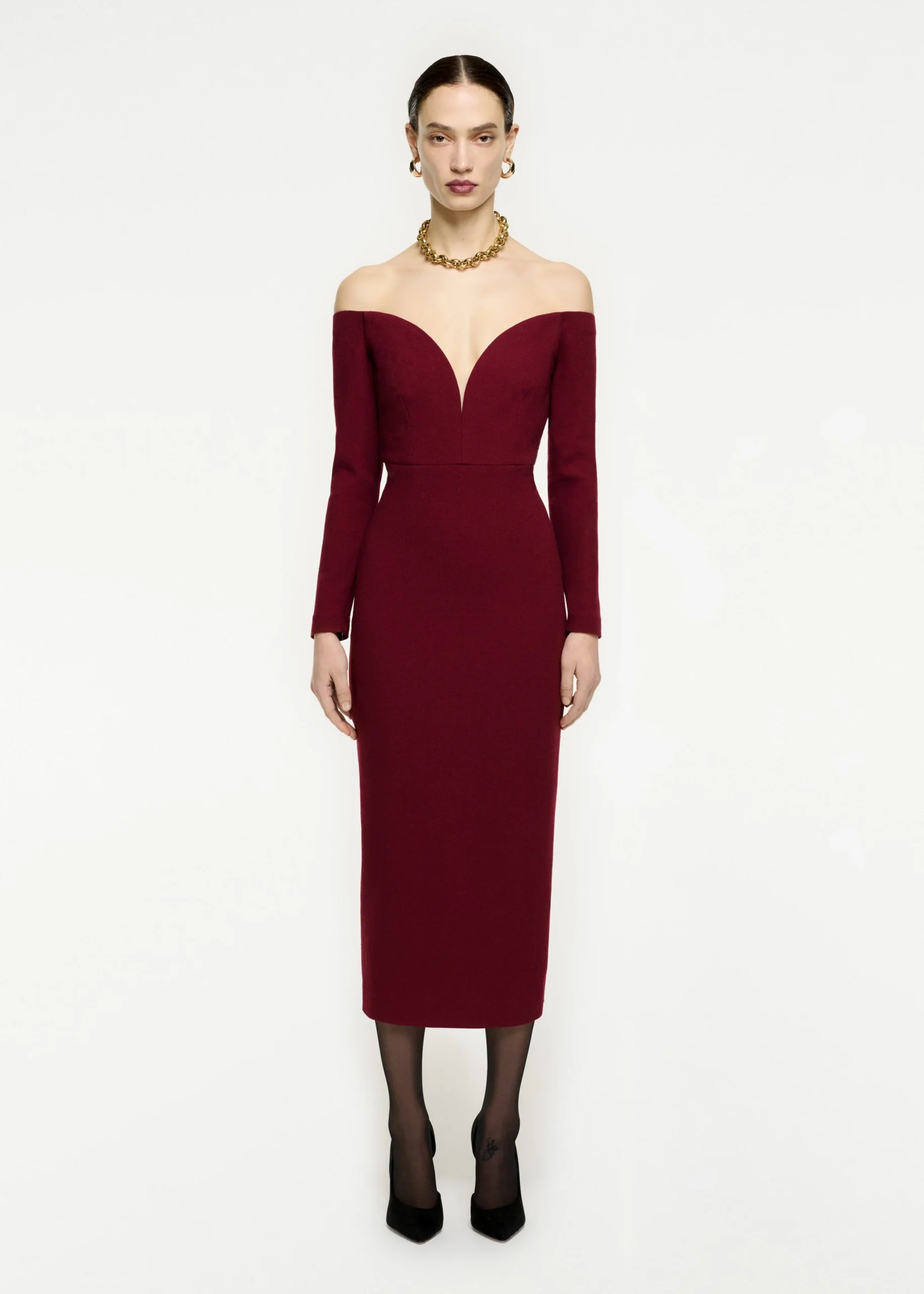 Ready To Wear|Ready To Wear Roland Mouret Long Sleeve Wool Crepe Midi Dress Maroon