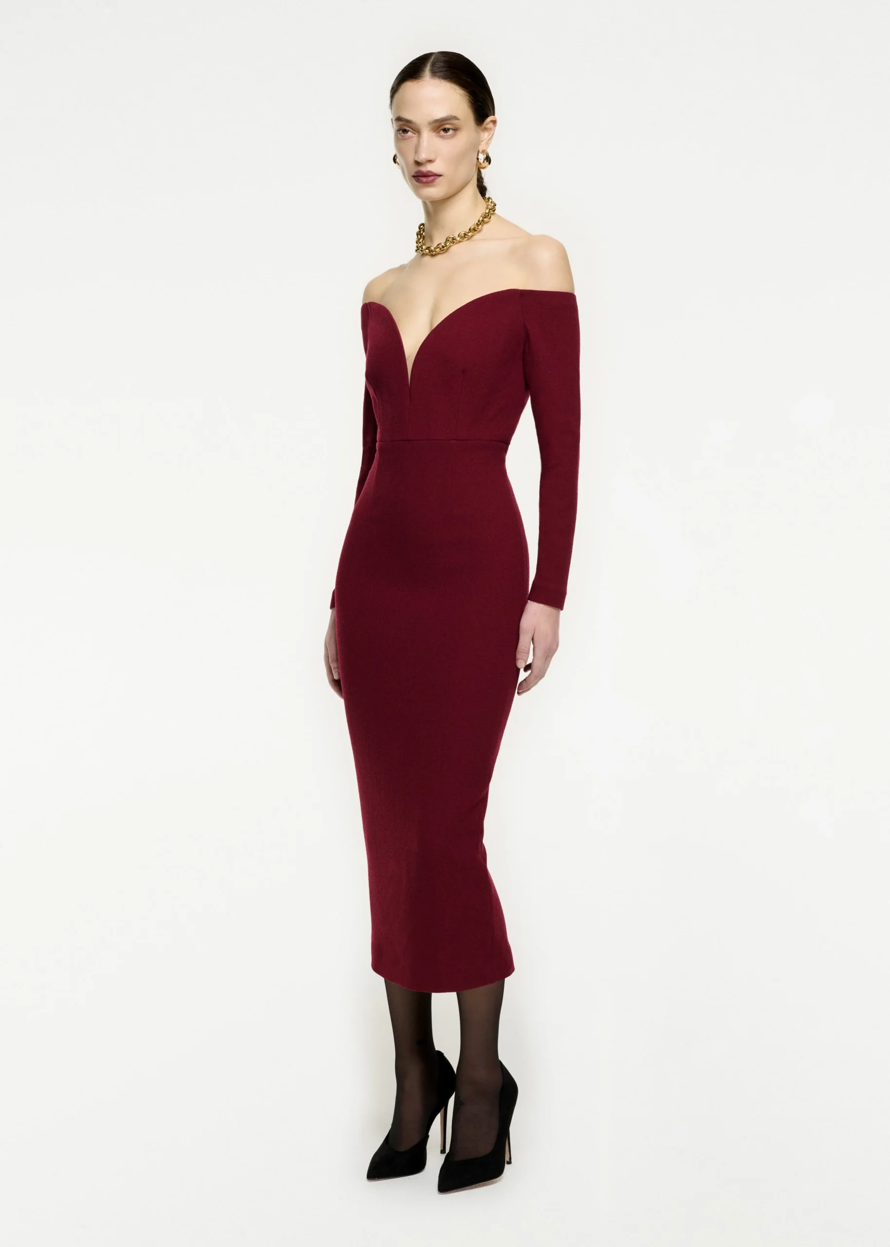 Ready To Wear|Ready To Wear Roland Mouret Long Sleeve Wool Crepe Midi Dress Maroon