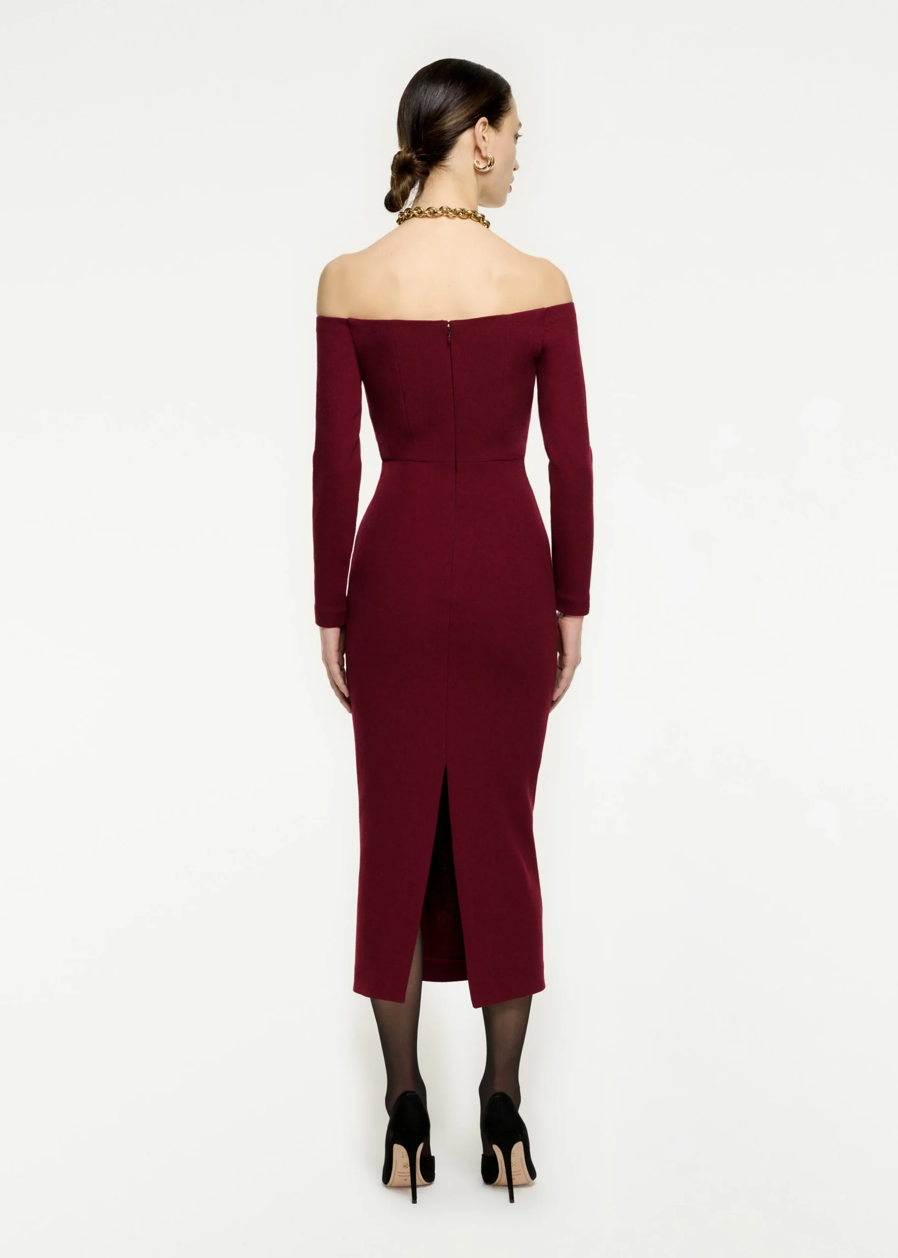 Ready To Wear|Ready To Wear Roland Mouret Long Sleeve Wool Crepe Midi Dress Maroon