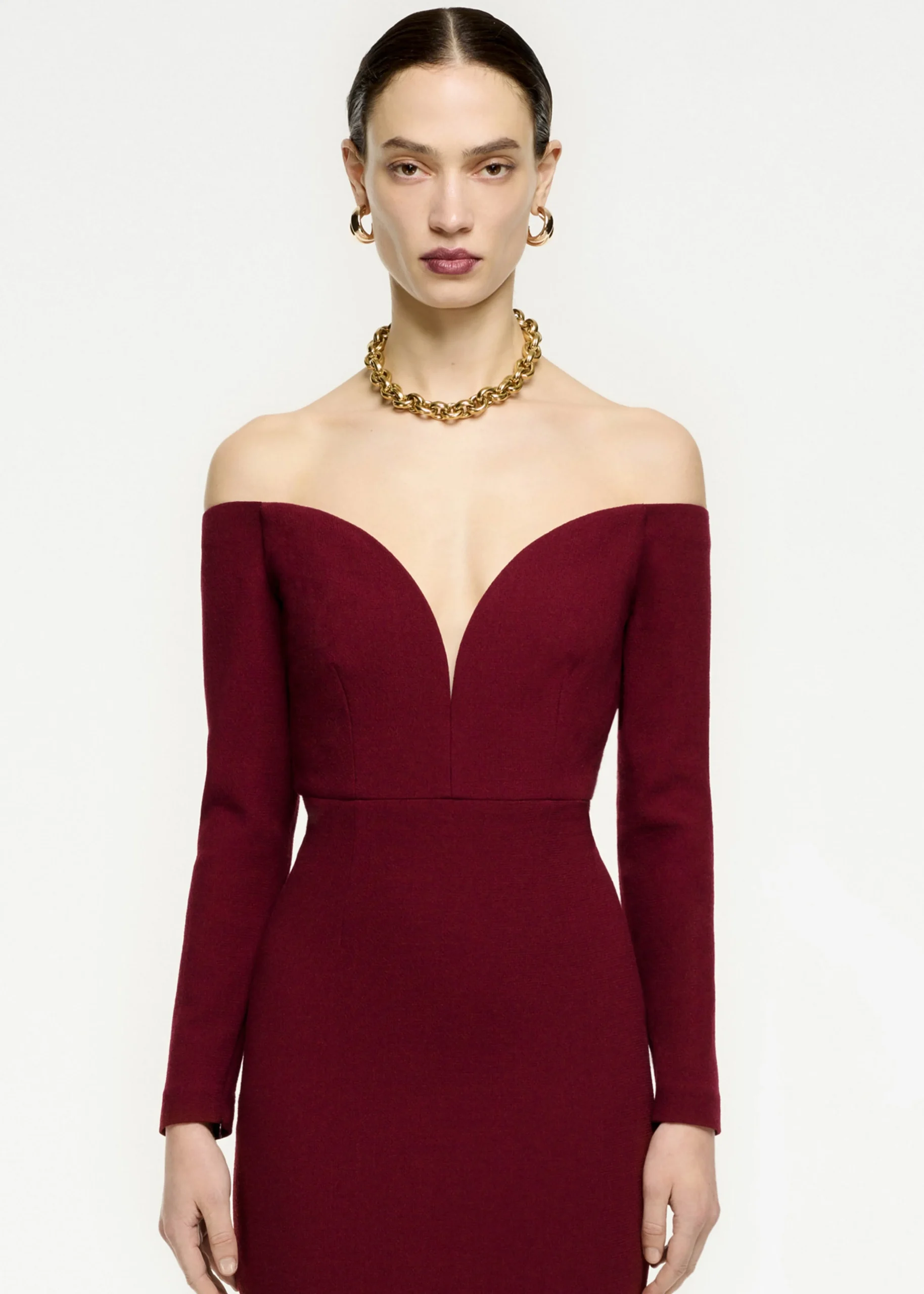 Ready To Wear|Ready To Wear Roland Mouret Long Sleeve Wool Crepe Midi Dress Maroon