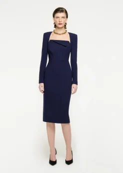 Ready To Wear|Ready To Wear Roland Mouret Long Sleeve Wool Crepe Midi Dress Navy