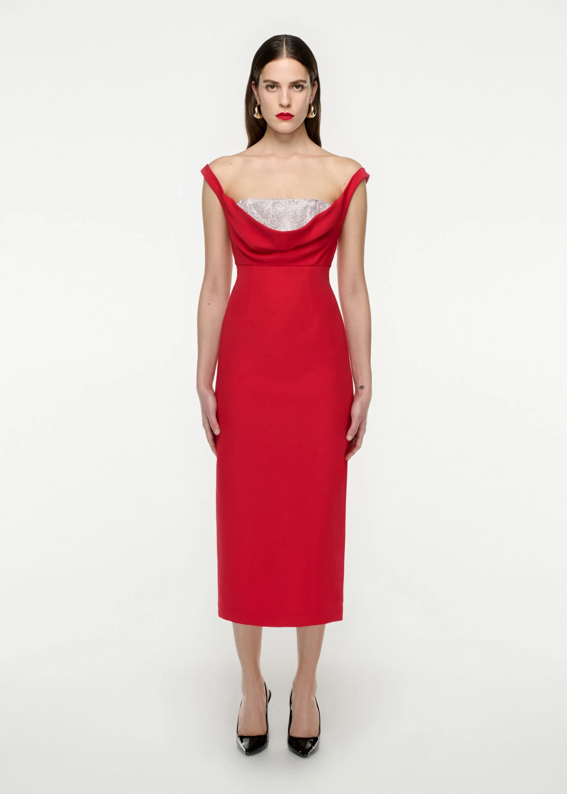 Ready To Wear|Ready To Wear Roland Mouret Off Shoulder Silk Wool Diamante Midi Dress Red