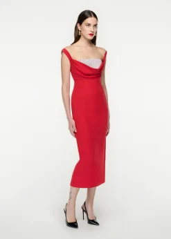 Ready To Wear|Ready To Wear Roland Mouret Off Shoulder Silk Wool Diamante Midi Dress Red