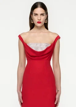 Ready To Wear|Ready To Wear Roland Mouret Off Shoulder Silk Wool Diamante Midi Dress Red