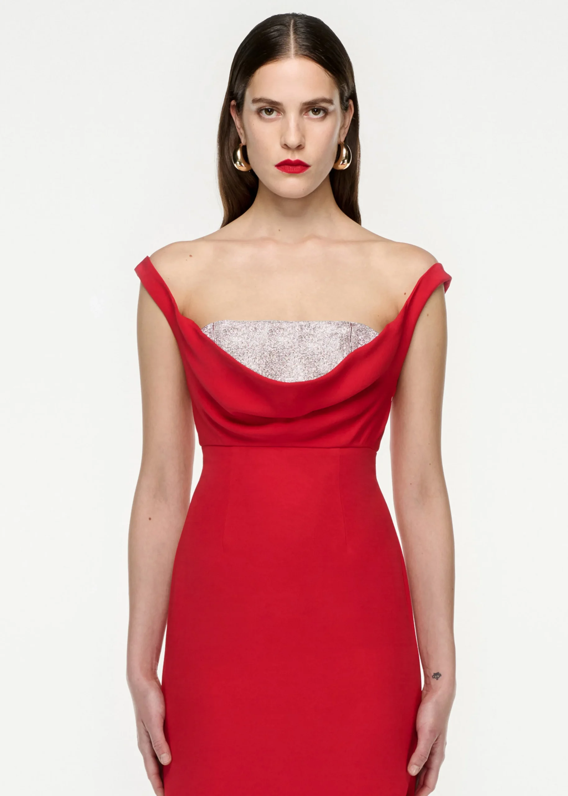 Ready To Wear|Ready To Wear Roland Mouret Off Shoulder Silk Wool Diamante Midi Dress Red