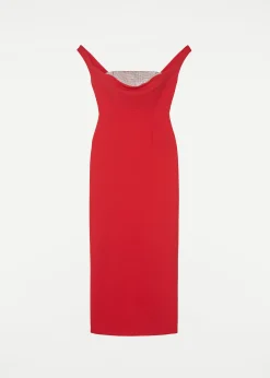 Ready To Wear|Ready To Wear Roland Mouret Off Shoulder Silk Wool Diamante Midi Dress Red