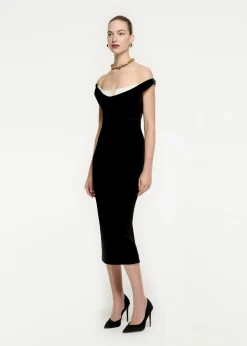 Ready To Wear|Ready To Wear Roland Mouret Off The Shoulder Velvet Midi Dress Monochrome