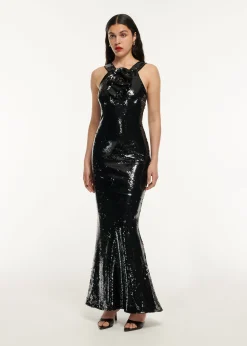 Ready To Wear Roland Mouret Sequin Flower Drape Maxi Dress