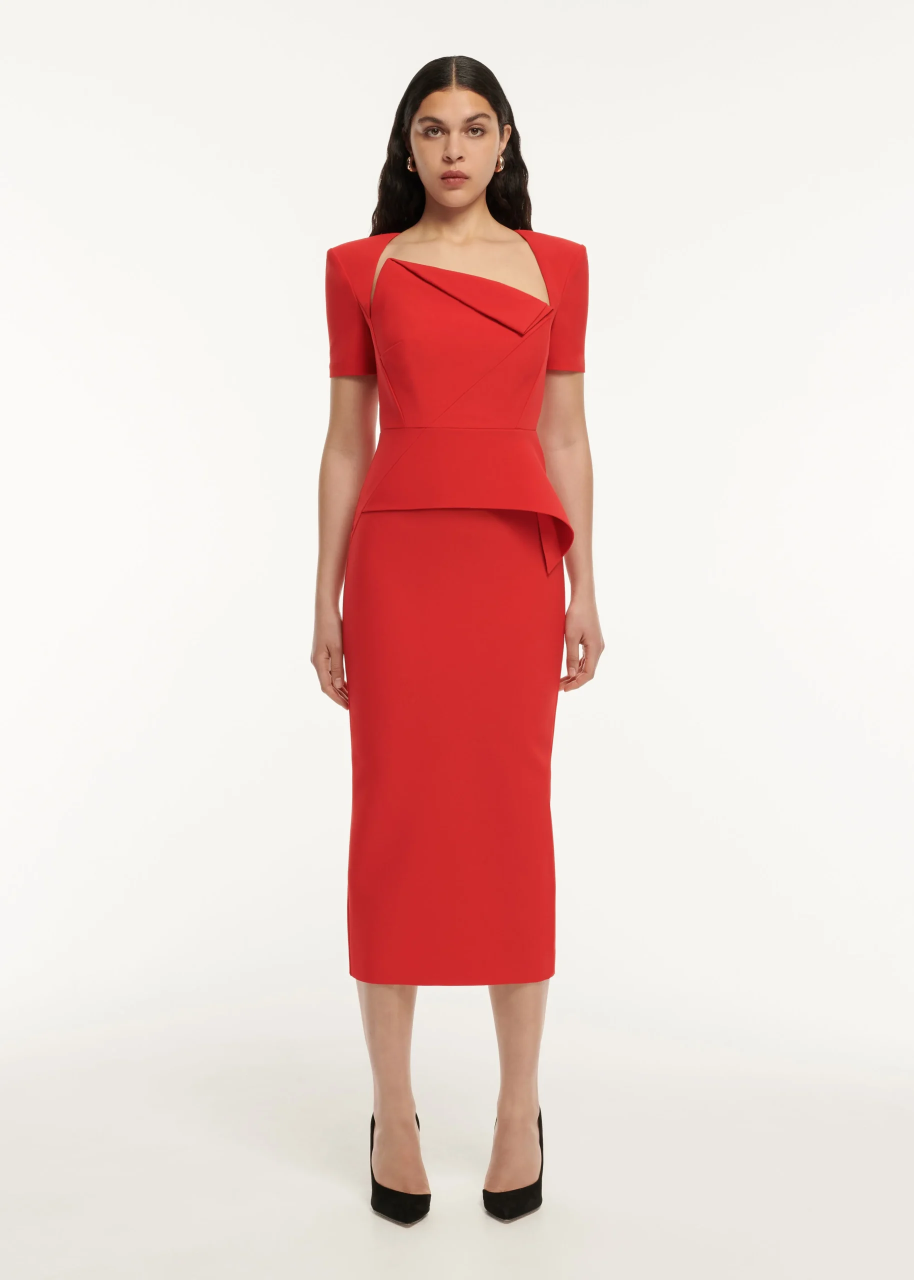 Ready To Wear|Ready To Wear Roland Mouret Short Sleeve Crepe Peplum Midi Dress Red