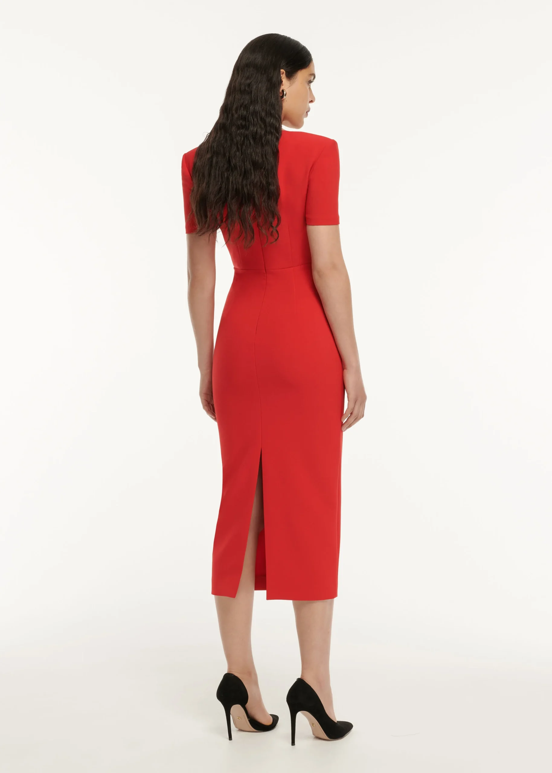 Ready To Wear|Ready To Wear Roland Mouret Short Sleeve Crepe Peplum Midi Dress Red
