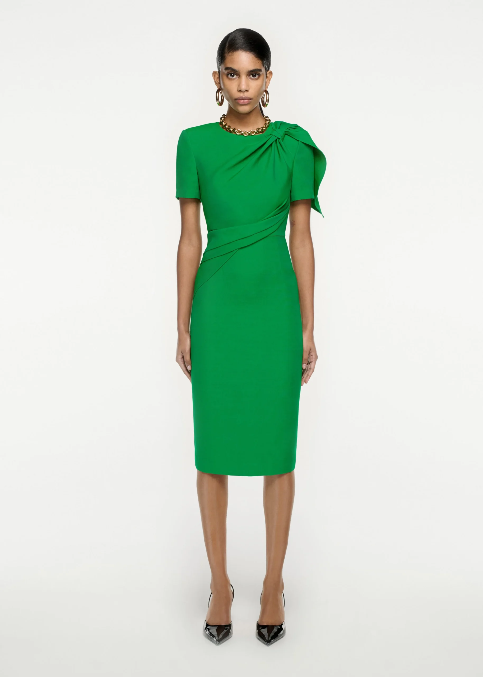 Ready To Wear Roland Mouret Short Sleeve Silk Wool knot Midi Dress Green