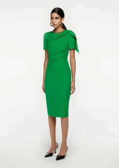 Ready To Wear Roland Mouret Short Sleeve Silk Wool knot Midi Dress Green