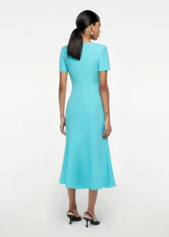 Ready To Wear|Ready To Wear Roland Mouret Short Sleeve Silk Wool Midi Dress Blue