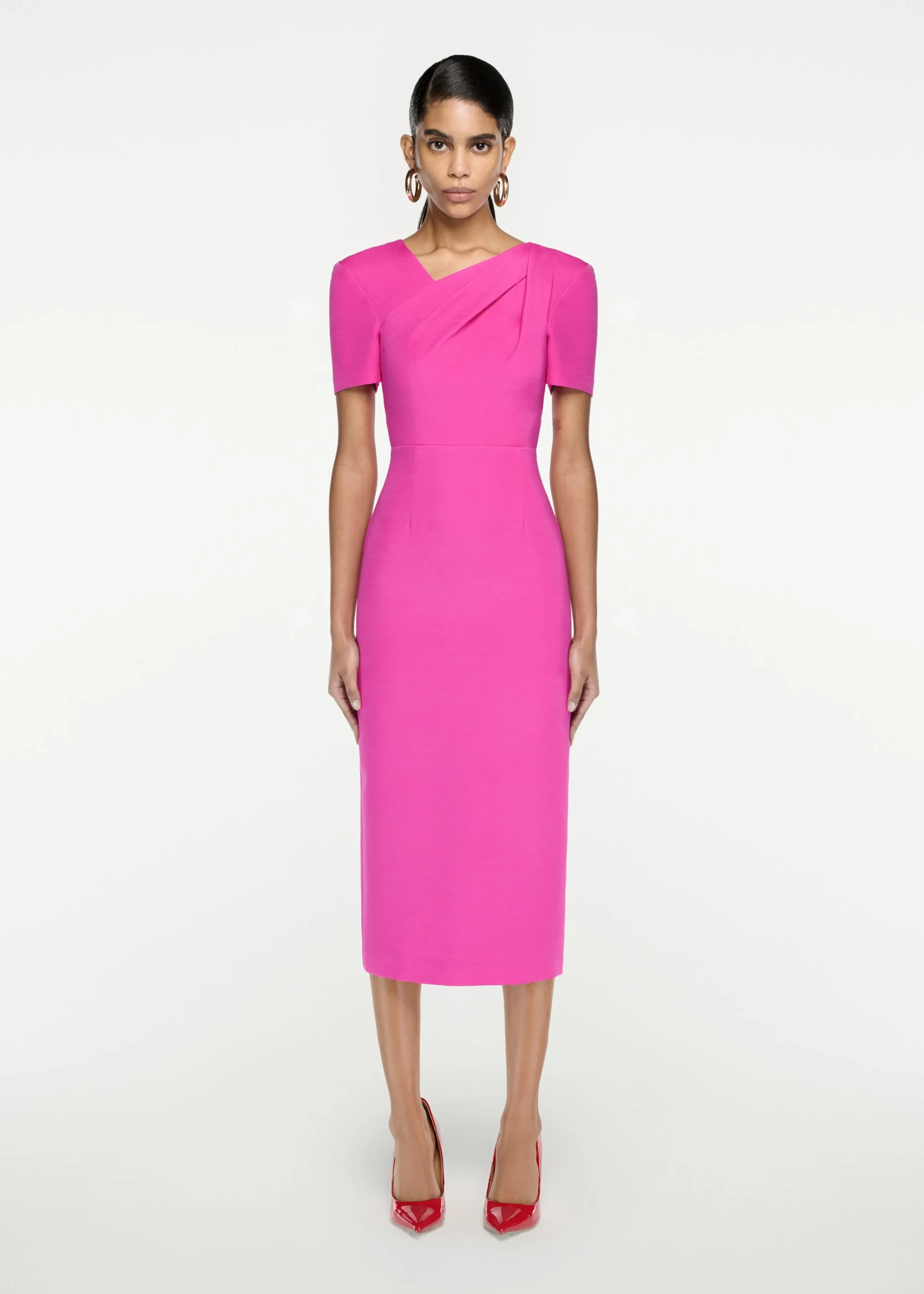 Ready To Wear|Ready To Wear Roland Mouret Short Sleeve Silk Wool Midi Dress Pink