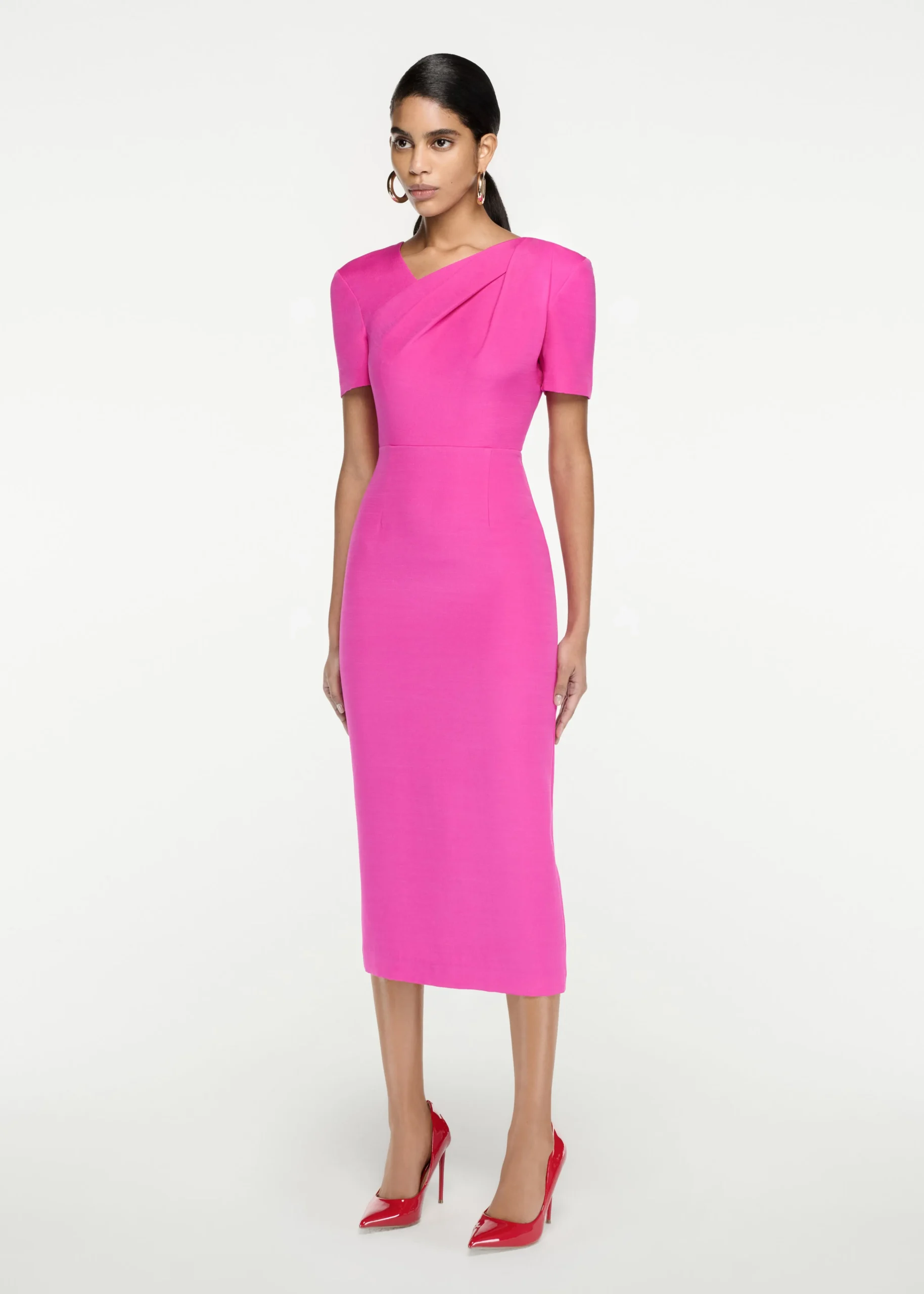 Ready To Wear|Ready To Wear Roland Mouret Short Sleeve Silk Wool Midi Dress Pink