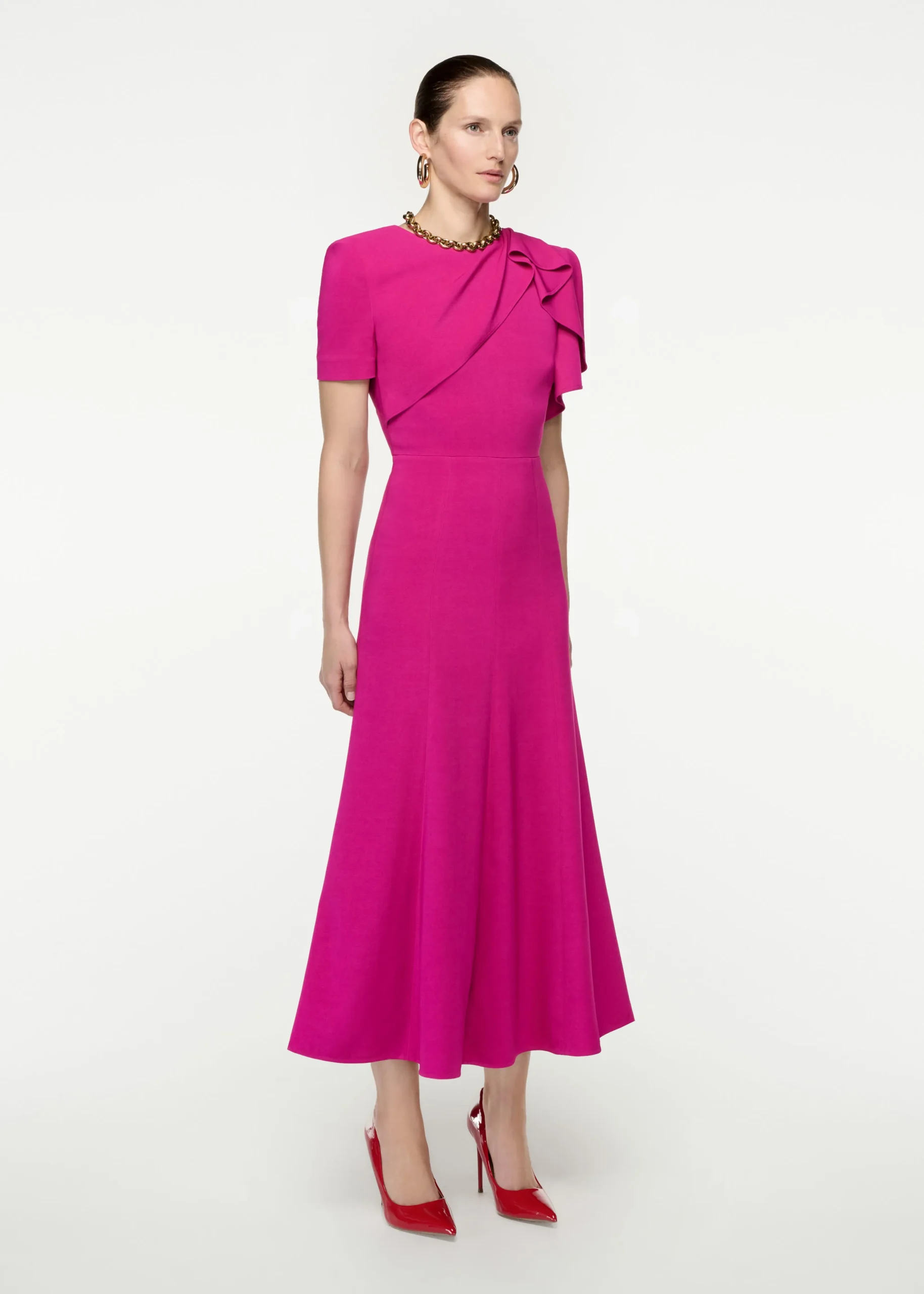 Ready To Wear|Ready To Wear Roland Mouret Short Sleeve Stretch Cady Midi Dress Pink