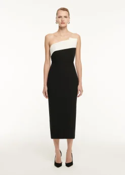 Ready To Wear|Ready To Wear Roland Mouret Strapless Drape Detail Crepe Midi Dress Monochrome