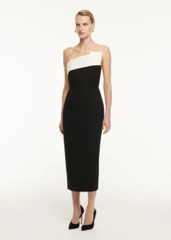 Ready To Wear|Ready To Wear Roland Mouret Strapless Drape Detail Crepe Midi Dress Monochrome