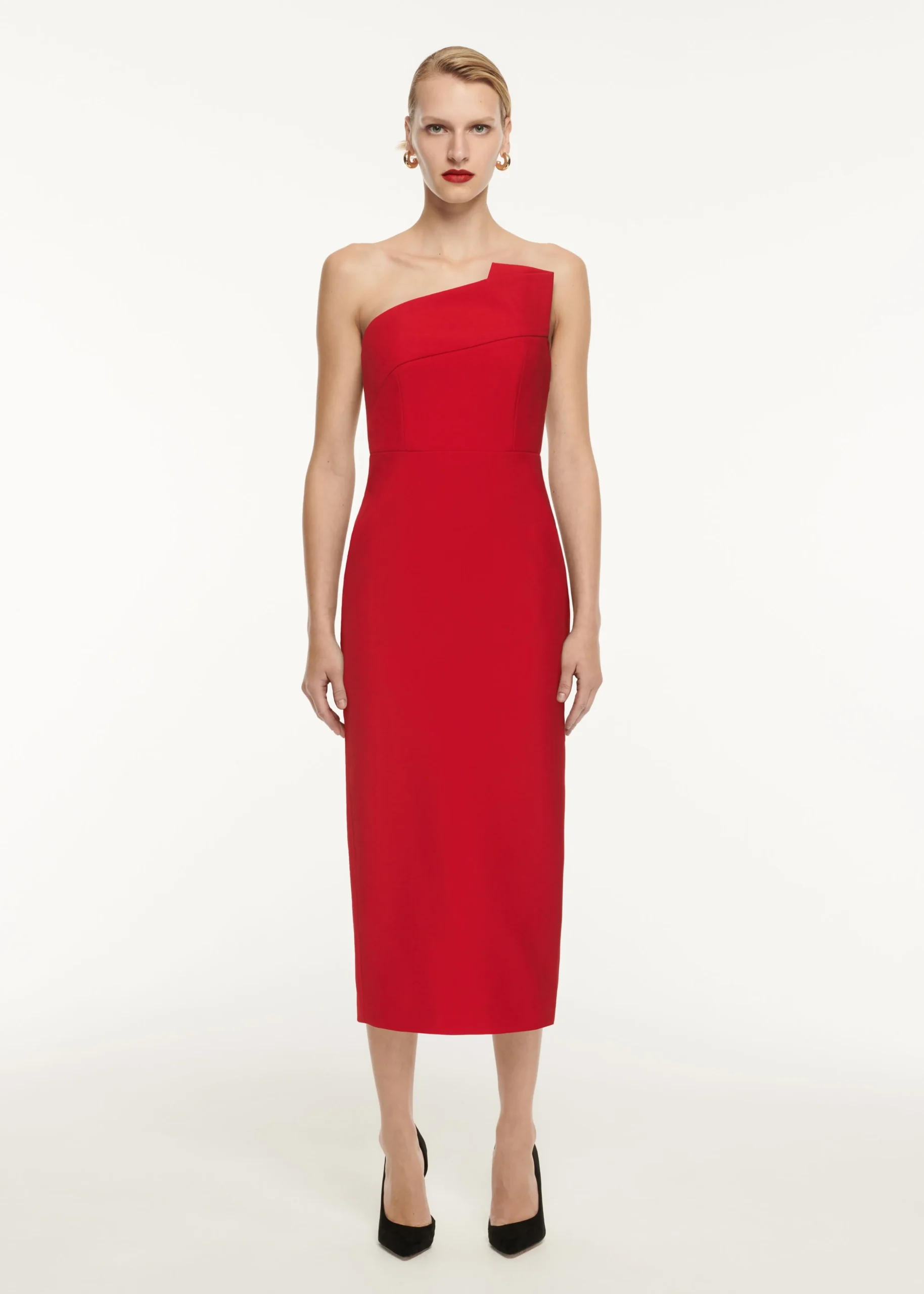 Ready To Wear|Ready To Wear Roland Mouret Strapless Drape Detail Crepe Midi Dress Red
