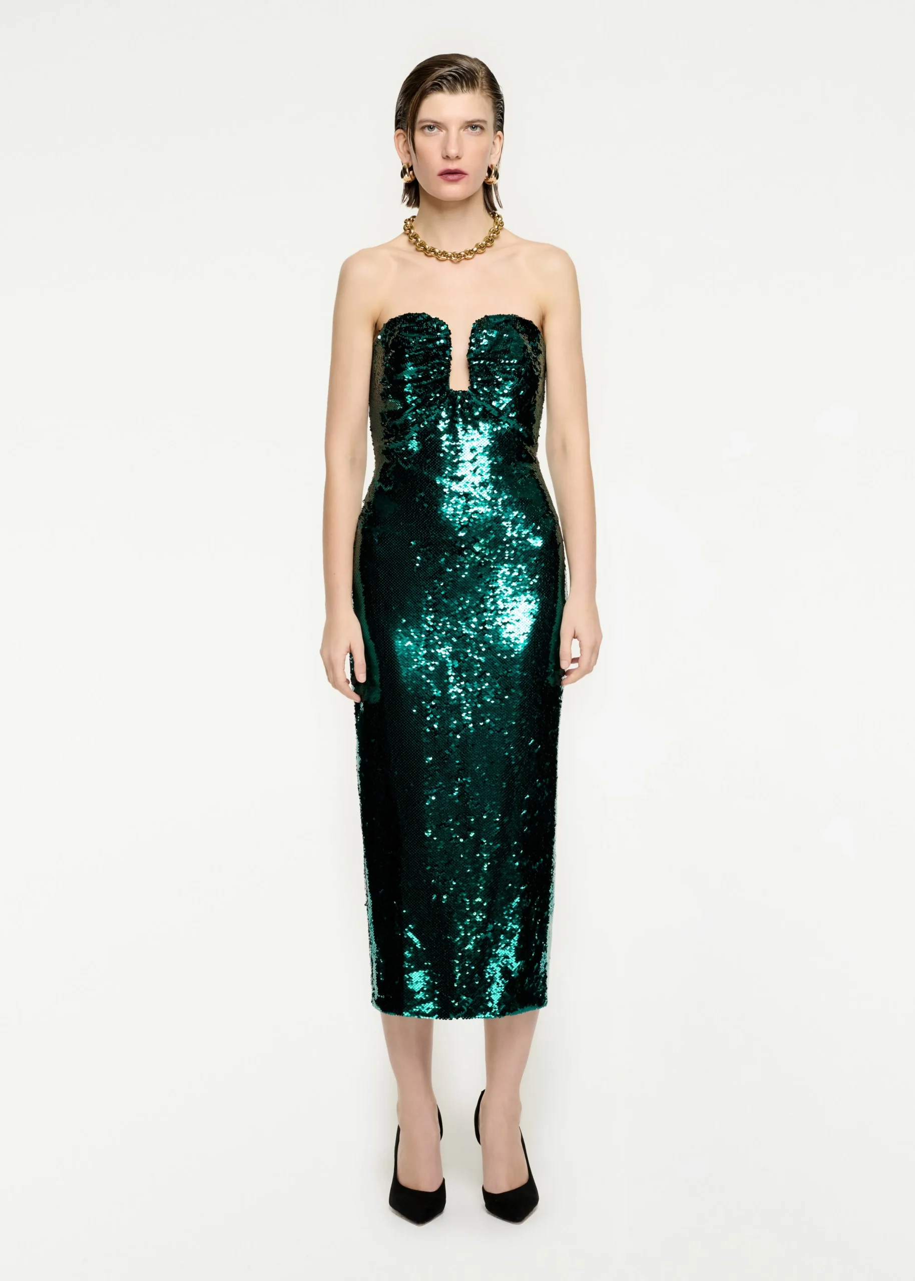 Ready To Wear|Ready To Wear Roland Mouret Strapless Sequin Midi Dress Green