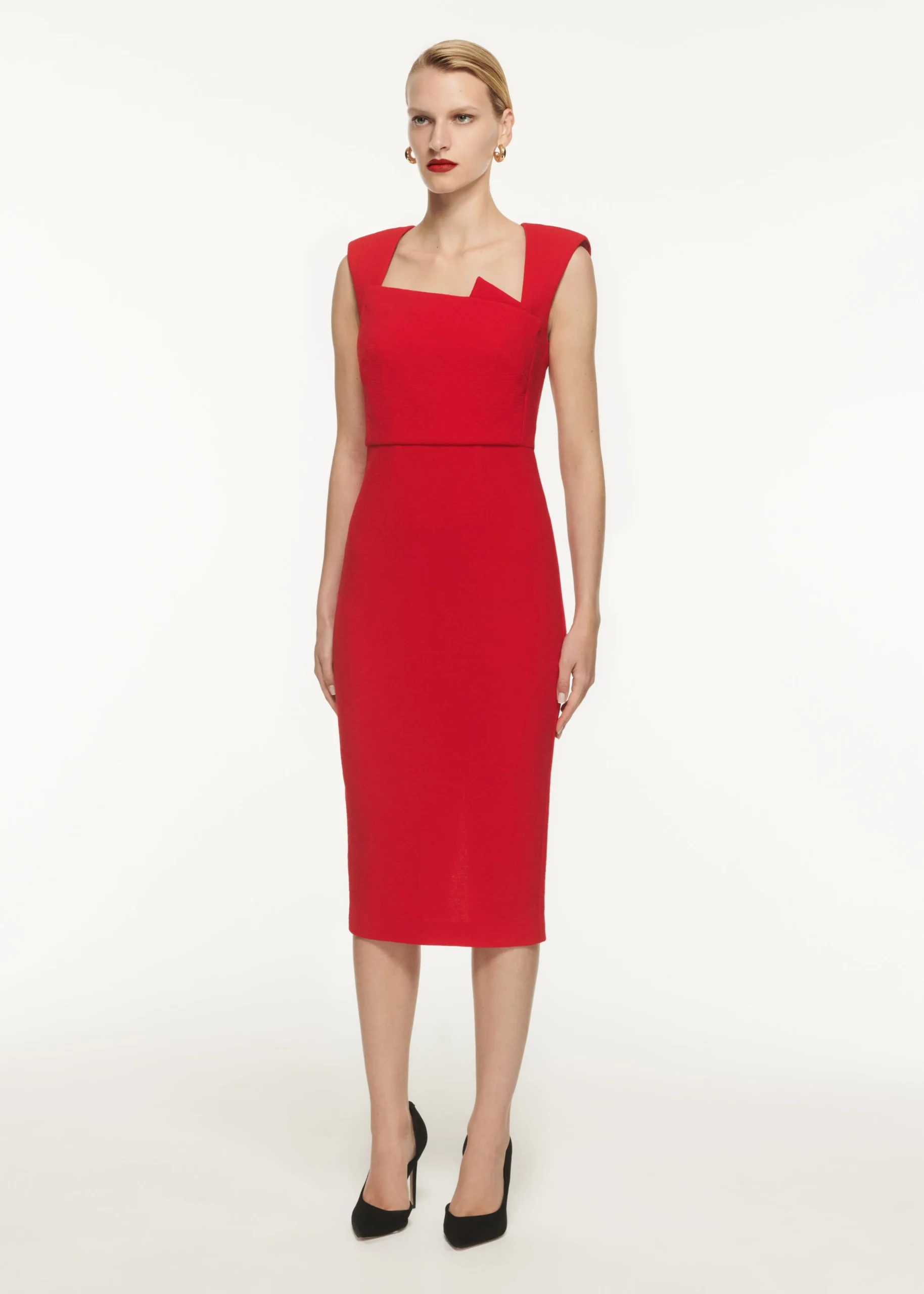 Ready To Wear|Ready To Wear Roland Mouret Wool Crepe Drape Detail Midi Dress Red