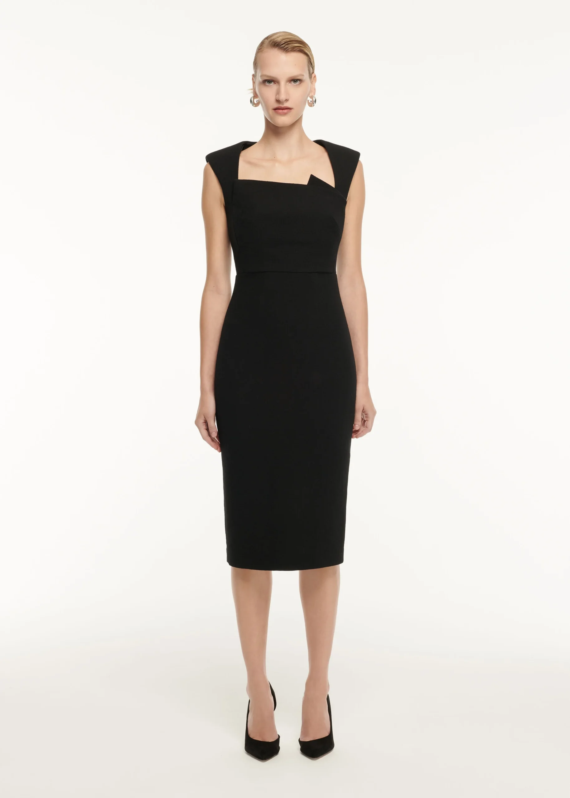 Ready To Wear|Ready To Wear Roland Mouret Wool Crepe Drape Detail Midi Dress Black